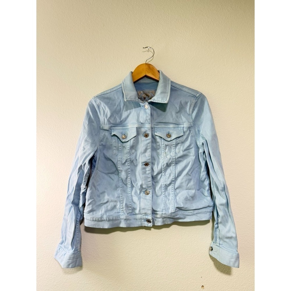 Michael Kors Womens Large‎ Light Blue Stretch Denim Jacket Gold Buttons